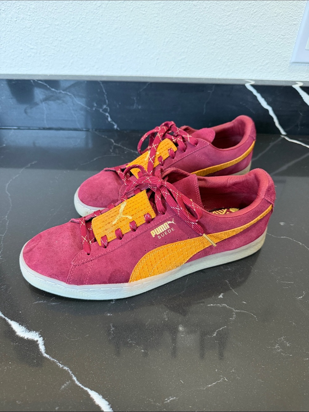 Puma Suede mens Maroon and Yellow Low-Top Sneakers size 10.5